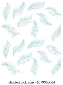 Delicate Hand Drawn Flying Pink Feather Vector Pattern. Light Blue Feathers Isolated on a White Background. Soft Sketched Feathers Repeatable Illustration. Flying Blue Fluffy Bird Feathers.