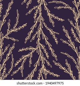 Delicate hand drawn foliage leaves in navy blue pattern. Vector seamless pattern design for textile, fashion, paper, packaging, wrapping and branding