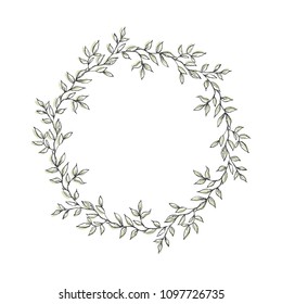 Delicate Hand Drawn Garland Made of Green Twigs. Round Shape Floral Vector Illustration for Card, Invitation, Printing, Decoration, Flyer. Green Sketched Wreath Isolated on a White Background. 
