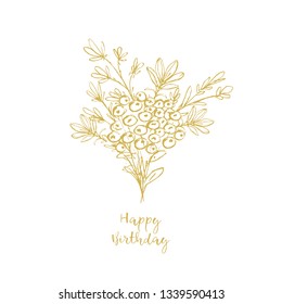Delicate Hand Drawn Gold Elegant Floral Bouquet Isolated on a White Background. Thank you Elegant Vector Card. Vintage Style Delicate Gold Sketched Flowers. Floral Decorative Illustration.