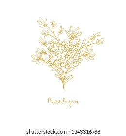 Delicate Hand Drawn Gold Elegant Floral Bouquet Isolated on a White Background. Thank you Elegant Vector Card. Vintage Style Delicate Gold Sketched Flowers. Floral Decorative Illustration.