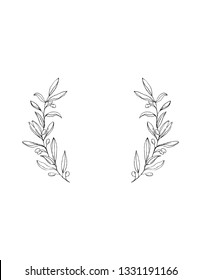 Delicate Hand Drawn Green Olive Twigs Isolated on a White Background. Vector Black Branch Frame. Retro Style Delicate Black Sketched Floral Wreath. Illustration Without Text.