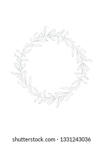Delicate Hand Drawn Green Olive Twigs Isolated on a White Background. Vector Green Branch Frame of Round Shape. Retro Style Delicate Green Sketched Floral Wreath. Illustration Without Text.