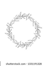 Delicate Hand Drawn Olive Twigs Isolated on a White Background. Vector Black Branch Frame of Round Shape.Retro Style Delicate Black Sketched Floral Wreath.Illustration Without Text.Lovely Wedding Art.