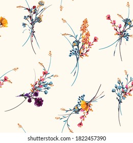 Delicate hand drawn and painted mewdow floral seamless pattern vector,Design for fashion , fabric, textile, wallpaper, cover, web , wrapping and all prints on light beige background color