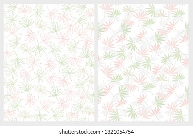 Delicate Hand Drawn Palm Leaves Vector Patterns. Light Pink and Green Leaves on a White Background. Subtle Pastel Color Drawing. Lovely Repeatable Floral Pattern. Lovely Tropical Style Layouts. 
