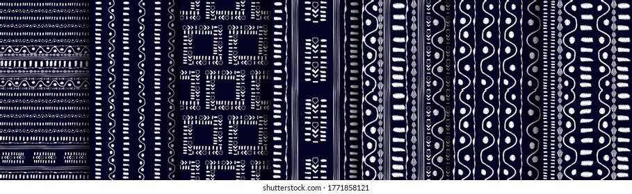 Delicate hand drawn set seamless striped patterns. Decorative fabric geometric textures.