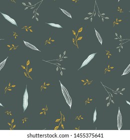 Delicate hand drawn silver, grey foliage with accent gold color. Seamless vector pattern on slate background. Great for wellness, beauty,vintage products, packaging, fabric, stationery