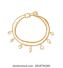 A delicate hand drawn sketch of a golden bracelet adorned with various hanging charms including a star heart leaf and moon shapes on a plain background