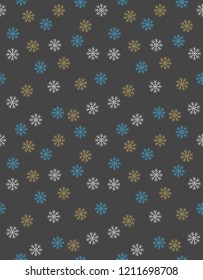 Delicate Hand Drawn Snowflakes Irregular Vector Pattern. Gold, White and Blue Snowflakes on a Dark Gray Background. Christmas Subtle Decoration. Winter Simple Design. 