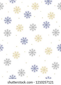Delicate Hand Drawn Snowflakes Vector Irregular Pattern. Gold, Gray and Blue Snowflakes on a White Background. Gold Tiny Dots. Christmas Subtle Decoration. Winter Simple Bright Design.   