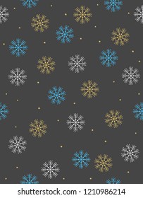 Delicate Hand Drawn Snowflakes Vector Irregular Pattern. Gold, Light Gray and Blue Snowflakes on a Dark Gray Background. Gold Tiny Dots. Christmas Subtle Decoration. Winter Simple Design.   