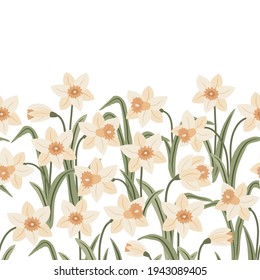 delicate hand drawn spring floral seamless border with white daffodils and green grass