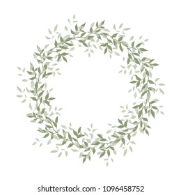Delicate Hand Drawn Vector Wreath Made of Tree Branches. Elegant Green Garland Made of Twigs and Leaves Isolated on a White Background. Simple Green Leaves Vector Frame. Floral Wreath With no Text.