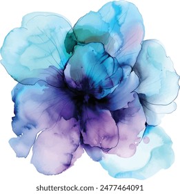 Delicate hand drawn watercolor flower in blue and violet tones. Alcohol ink art. Raster illustration.