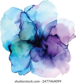 Delicate hand drawn watercolor flower in blue and violet tones. Alcohol ink art. Raster illustration.