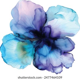 Delicate hand drawn watercolor flower in blue and violet tones. Alcohol ink art. Raster illustration.