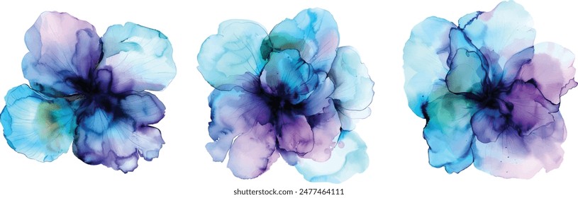 Delicate hand drawn watercolor flower in blue and violet tones. Alcohol ink art. Raster illustration.