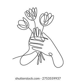 A delicate hand gently cradling a bouquet of abstract tulip flowers