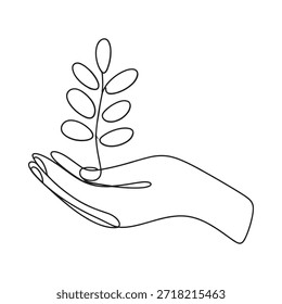 A delicate hand gently cradling a simple elegant leaf in continuous line art