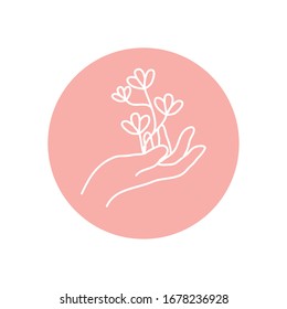 delicate hand with leaves icon over white background, minimalist tattoo concept, line block style, vector illustration