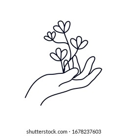 delicate hand with leaves icon over white background, minimalist tattoo concept, line style, vector illustration