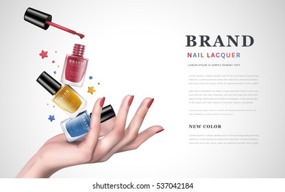 delicate hand up with tricolor stars and several nail lacquer bottles, white background, 3d illustration