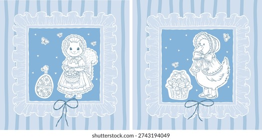 Delicate hand-drawn Easter illustration set featuring charming vintage-style animal ladies in bonnets, framed with ruffled borders on a soft blue striped background. The scene includes a squirrel lady and a goose lady with Easter baskets, eggs, butterflies, and hearts, creating a calm, nostalgic, and cozy spring atmosphere. Perfect for Easter cards, nursery art, fabric prints, wrapping paper, stationery, and seasonal farmhouse decor.