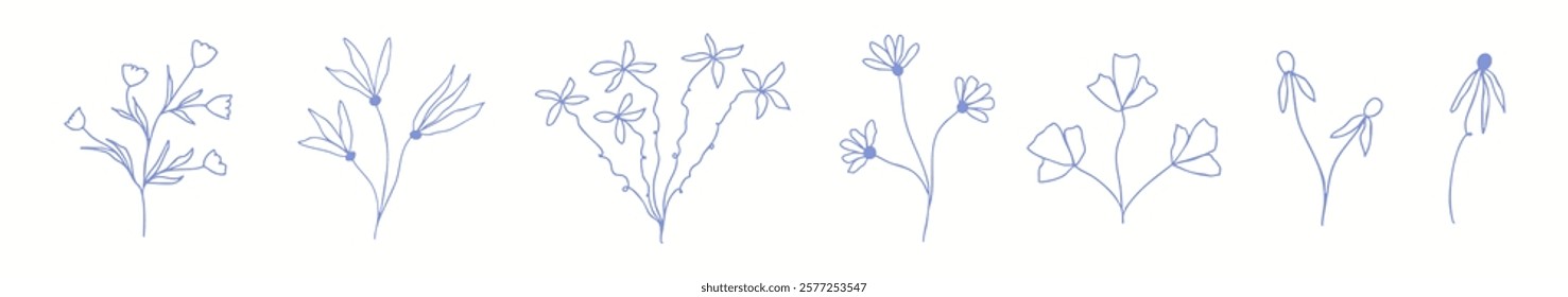 Delicate hand-drawn floral clipart. Vector decorative botanical elements for wedding invitations, nature-inspired designs, sustainable packaging, scrapbooking, etc.