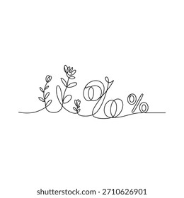 Una ilustración delicada, dibujada a mano con flores y hojas en flor formando un signo porcentual, representada en una sola línea continua.