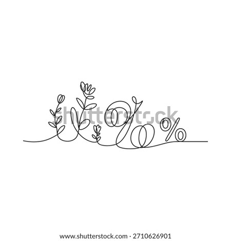 A delicate, hand-drawn illustration featuring blooming flowers and leaves forming a percentage sign, rendered in a single continuous line.