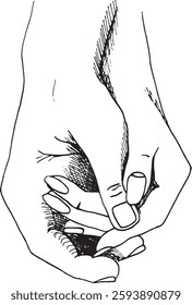 Delicate, hand-drawn line art illustration depicting a man's hand gently holding and embracing a woman's hand. The minimalist black-and-white style captures the tenderness, warmth.