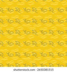 delicate, hand-drawn line flowers in rows, gently floating over golden yellow wavy lines. It’s airy, rhythmic, and has a calm, drifting quality.
