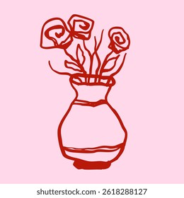 Illustration linéaire délicate dessinée à la main d'un vase avec des fleurs. Flora, roses, feuilles. Esthétique, rétro, vintage. Style Doodle. Idéal pour les affiches, les cartes postales et les invitations