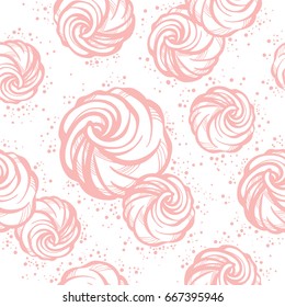 Delicate hand-drawn marshmallow seamless pattern in soft pink color. High-detailed vector artwork isolated. Sweet delights. Perfect template for packaging food industry design.