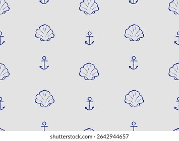 A delicate hand-drawn nautical pattern featuring minimalist scallop shells and anchors. Created with sketch line art technique