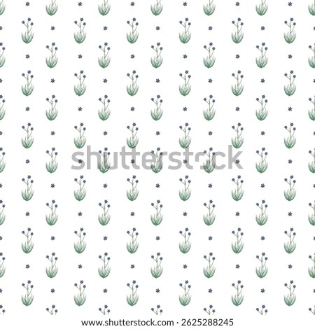 Delicate hand-drawn pattern of blue flowers and lush green grass, set against a crisp white backdrop. Ideal for textile design, wallpaper, or creative projects requiring a fresh floral theme.