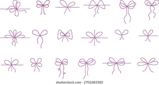 Delicate hand-drawn ribbon bow illustrations in a simple, elegant line-art style. Perfect for gift wrapping designs, greeting cards, and decorative branding. A versatile collection of minimalist bow 