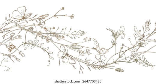 Delicate hand-drawn seamless botanical border in elegant line art. Features wildflowers, leaves, and herbs in natural flow. Ideal for invitations, packaging, textile, and eco-themed layouts.