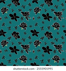 A delicate hand-drawn seamless
 pattern of jasmine flowers, elegant designs, teal background, stylized jasmine flower, Hand drawn flowers seamless pattern