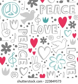 Delicate hand-drawn seamless pattern with symbols of peace - doves, hearts, peace signs, flowers and lettering, - white doodles on white background