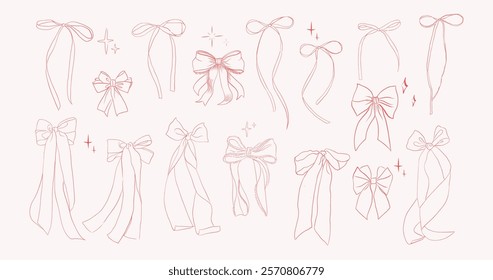 Delicate hand-drawn sketch set of various elegant bows in a minimalist linear style on a soft pastel background. Different ribbon shapes with flowing tails, decorative stars, and intricate textures 