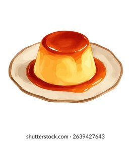 A delicate handmade-style pudding with glossy caramel glaze served on a rustic ceramic plate a charming watercolor vector ideal for retro cafes and dessert branding