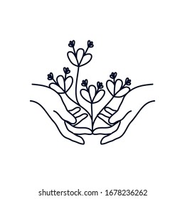feine Hände mit schönen Blumen auf weißem Hintergrund, minimalistisches Tätowierungskonzept, Linienstil, Vektorillustration