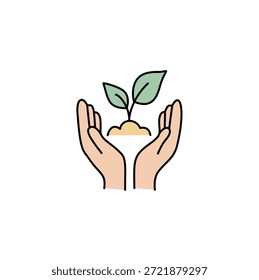 Zarte Hände wiegen sanft einen kleinen Spross aus dem Boden. Eine minimalistische Illustration, die Wachstum, Pflege, Nachhaltigkeit und neue Anfänge symbolisiert. 