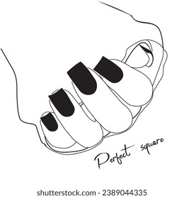 Delicate hands in a minimalist linear style. Perfect square with black nails.Logo design in vector linear style. For Cosmetics, Beauty Salon, Tattooing, Spa, Manicure, Jewelry Store, Manicurist