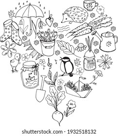 Feiner Kern von Elementen. Frühlingsartikel, Tiere und Blumen: Regenschirm, Papierboot, Tulpen-Eimer, Tit, Huhn, Hedgehog, Blumen, Gemüse, Gummistiefel. Line Art Design im Doodstyle