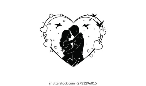 Un delicado marco de corazón sostiene a una pareja romántica en un llamativo estilo de silueta negra.