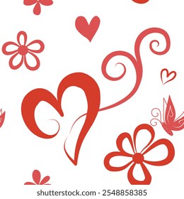 Padrão delicado do coração decorado com belas videiras, flores e borboletas em um fundo vermelho e branco. papel de parede, envolvendo, amor, feliz, coração, padrão sem costura, cartões,