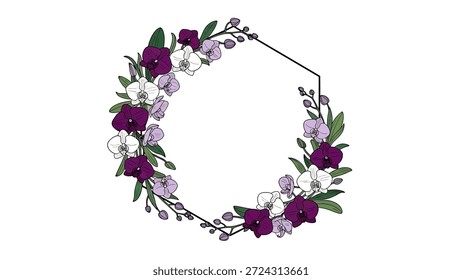 Un delicado marco hexagonal adornado con un hermoso arreglo de orquídeas púrpura, blanco y lavanda y hojas verdes.